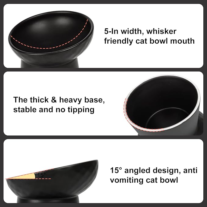 YauYik Raised Cat Bowl Black, Elevated Cat Food Bowls with Tilted Angle, Stress Free, Anti Vomiting, Ceramic Water Bowl for Cats Small Dogs Feeding Dish, 8 Ounces - Image 8