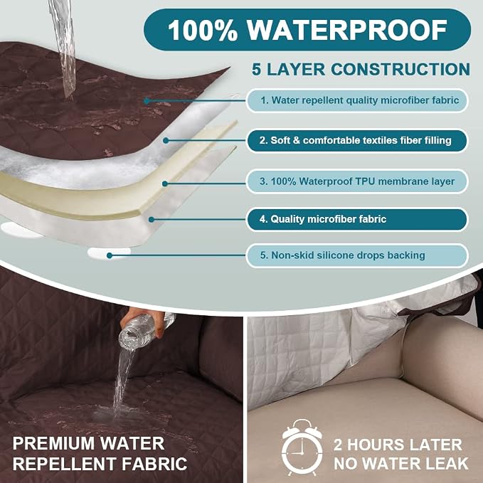 Turquoize 100% Waterproof Sofa Covers Chaise Lounge L Shape Sofa Protector Chaise Slip Cover Triple Non-Slip Sofa Slipcover for Sectional Couch Cover for Pets, Kids (Chaise, Brown) - Image 3