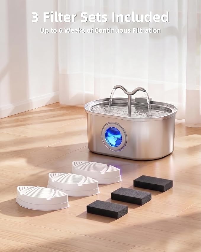 3.2L/108oz Stainless Steel Cat Water Fountain Pet Fountain | Automatic Pet Water Dispenser - Self-Designed Filtration System - Ultra-Quiet Pump - Easy Cleaning & Maintenance (3 Filters) - Image 9