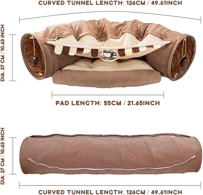 EAEDMY Cat Rabbit Tunnel Bed Nest for Cats Indoor, with Collapsible Washable Soft Cushion, Plush Ball and Exercise Wheel Tube, Fit for Puppy Bunny Kitty Kitten Ferret(2.Coffee) - Image 6