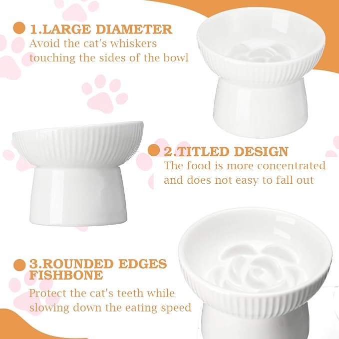 2 Pcs Cat Slow Feeder Bowl, Raised Ceramic Cat Slow Feeder Bowl, Elevated Cats Dog Food Bowls High Edge, Anti Vomiting for Pets Kitten Puppies Dry Wet Food and Water, Dishwasher Safe - Image 3