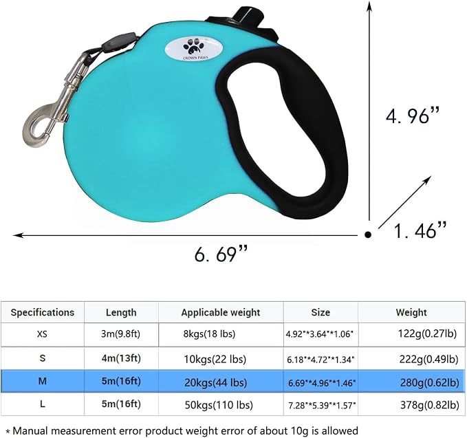 16ft Retractable Dog Leash for Medium Breed Dogs up to 44 lbs with a Detachable Chew Proof Extender Wire Ropes (Blue M) - Image 2