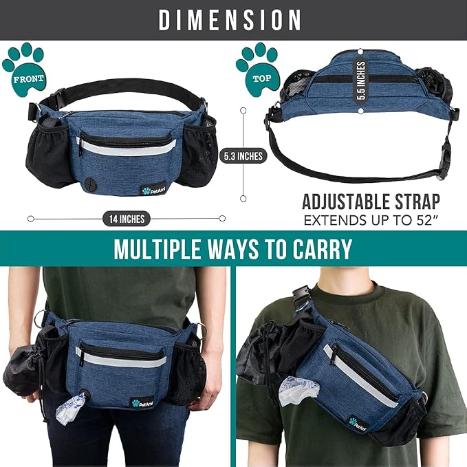 PetAmi Dog Fanny Pack, Treat Pouch for Dog Walking Training, Navy Blue | Built in Poop Bag Dispenser, Water Bottle Holder, Collapsible Bowl, Pet Treat Waist Belt for Hiking Running Kibbles - Image 5