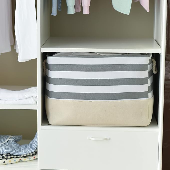 TheWarmHome Jumbo Storage Bins Baskets, Sturdy Fabric Organizing Basket W/Handles, Decorative Foldable Storage Baskets for Shelves Closet Nursery Toy (Grey&White Stripes 3 Pack, 20.5Lx15.7Wx13.8H in) - Image 6