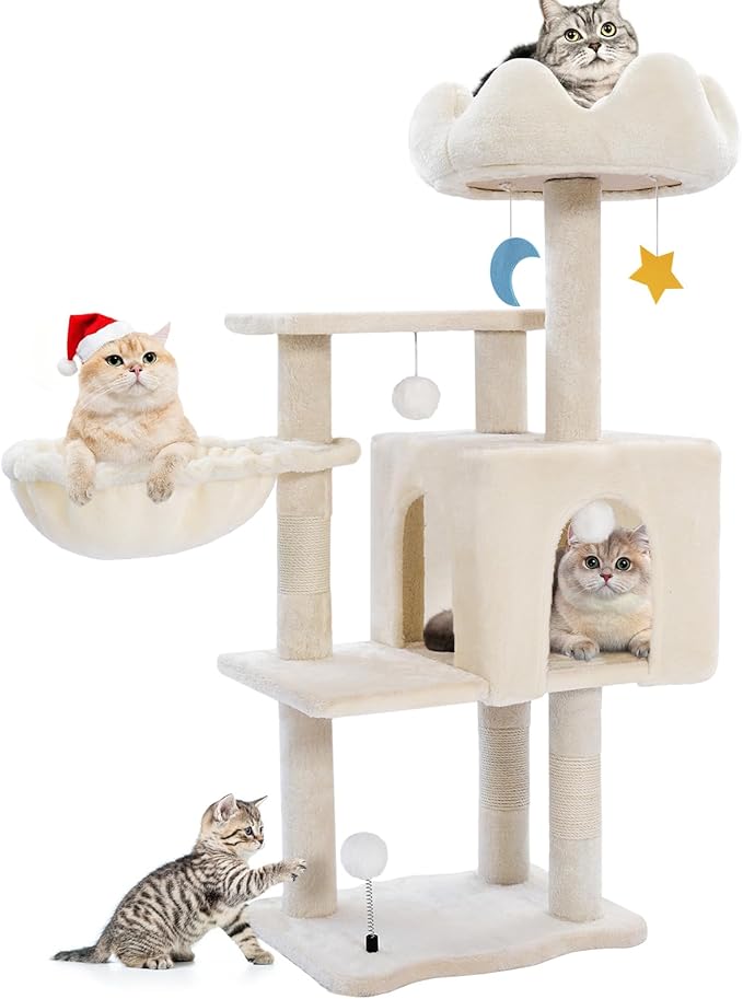 Cat Tree Tower with Hammock,40"Cat Trees for Indoor Cats Large Adult(White) | Modern Cat Tree Tower with Scratching Post, Cats Condo Furniture with Cloud Top Perch, Cats Climbing Tower for Kittens by Yungaspy