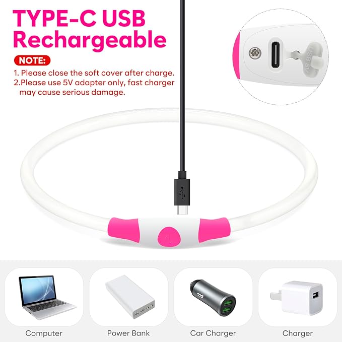 HIGO LED Dog Collar, USB Rechargeable Light Up Dog Collars Glow in the Dark, Waterproof LED Dog Necklace for Your Dogs Walking at Night (Pink) - Image 3