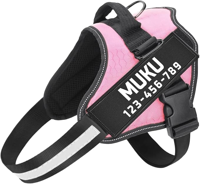 MUMUPET Custom Dog Harness Vest with 2 Personalized Name & Phone Patches | No Pull Reflective Adjustable with Handle, Soft Breathable Padding for Medium Dogs (Pink, M) by mumupet