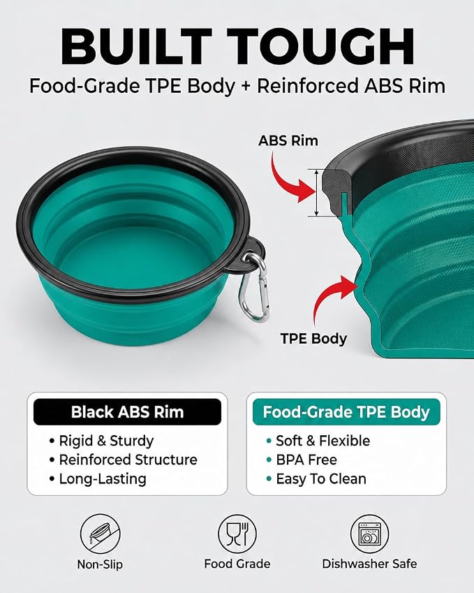 Collapsible Dog Bowls, 2 Pack Sturdy Portable Dog Water Bowls | Wear-Resistant TPE, Anti-Dust Foldable Travel Dog & Cat Bowls for Camping Walking Hiking with Carabiners - Image 2