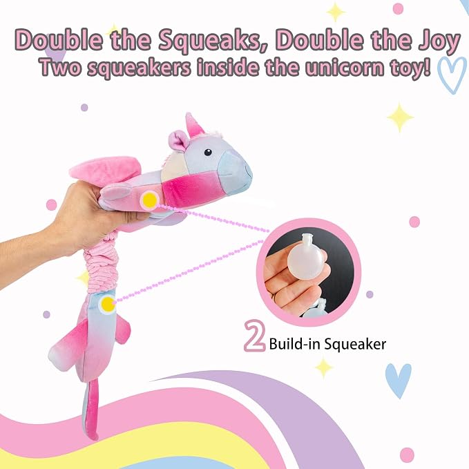 lilfrd Pink Unicorn Squeaky Dog Toy, Crinkle Plush Tug Toy for Dogs | Tug of War & Pull Toys, Energy Release, Fits Small Medium Large Dogs - Image 2