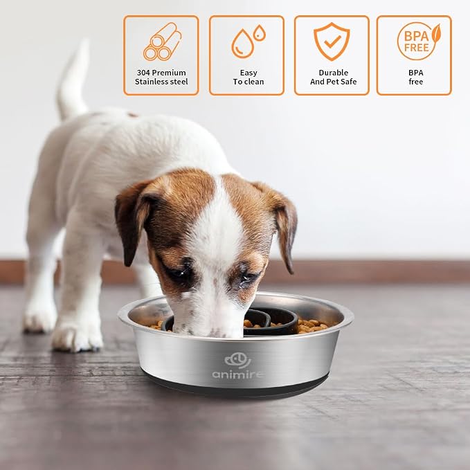 2-in-1 Metal Dog Bowl with Slow Feeder Insert, Stainless Steel Dog Bowls Food Grade 304, Water Food Bowl with Anti-Slip Silicone Base for Small, Medium, Large Dogs - Image 4