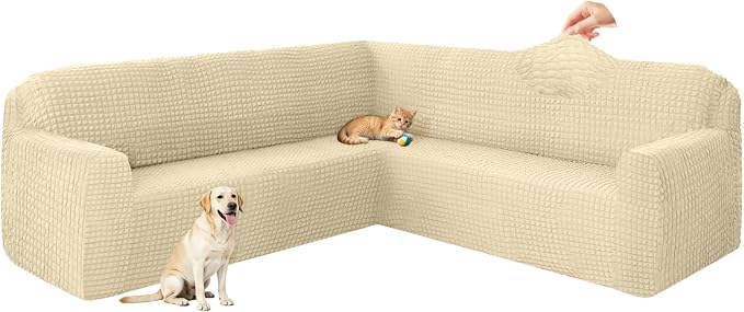 ALIECOM Corner Sectional Couch Covers Washable Sofa Cover L Shaped Couch Cover for Dogs Pets Stretch Soft Sectional Slipcovers with Non Slip Strips U Shape Furniture Protector (Bubble-Beige, Medium) by ALIECOM