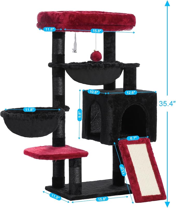 Hey-brother Cat Tree Tower with Large Bed, Hammocks, Scratcher, MPJ006SBR | 35.4 Inches Cat House with Cozy Condo, Sisal Scratching Posts for Indoor Cats, Black and Red - Image 3