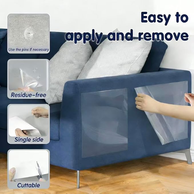 Cat Scratching Furniture Protector 12pk Clear 0.15mm Sheets +50 Pins | 12pk (8×17"×12"+4×17"×6") + 50 Pins; 0.15mm Ultra Thin Clear; No Residue & MSDS Safe;Ideal for Couch/Sofa/Arm/Chair - Image 4