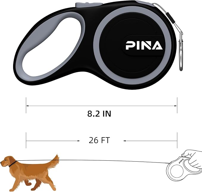 PINA Retractable Dog Leash, 26ft Dog Leash for Small Medium Large Dogs Up to 110lbs, 360° Tangle-Free Strong Reflective Nylon Tape, with Anti-Slip Handle, One-Handed Brake, Lock - Black Gray - Image 6