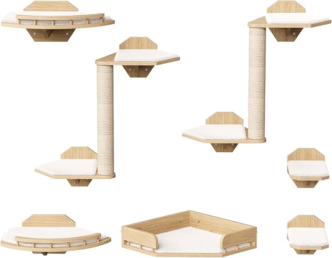 HOOBRO 11 Pcs Cat Wall Shelves for Large Cats up to 25 lb, Wooden Wall-Mounted Cat Shelves Set, Corner Cat Shelf with 2 Arched Platforms, Climbing System with Perche, Scratching Post, Natural NL49CS03 - Image 9