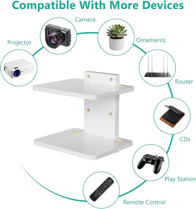 WALI Floating TV Shelf, 2 Tier Projector Shelf for DVD Players, Routers, Game Consoles, Cable Boxes, Living Room Decor Accessories, Wall Mount Shelves Holds Up to 22lbs (CS202NW), 2-Shelf, White - Image 3