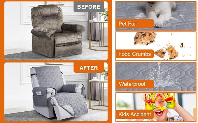VANSOFY 100% Waterproof Recliner Chair Covers Washable, Light Gray, 28" | Non-Slip, Slipcover with Pocket, Furniture Protector, Elastic Straps, Chair Cover for Pets, Dogs - Image 3