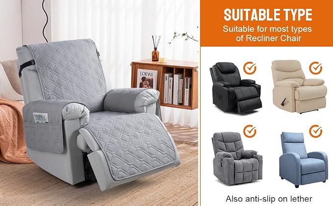 VANSOFY 100% Waterproof Recliner Chair Covers Washable, Light Gray, 28" | Non-Slip, Slipcover with Pocket, Furniture Protector, Elastic Straps, Chair Cover for Pets, Dogs - Image 4
