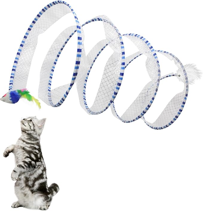 Andiker Spiral Tunnel for Cats, 21.45” Collapsible Cat Tunnel with Feather Toy and Plush Mouse Interactive Cat Toys for Indoor Cats to Relieve Boredom for Kitten (Blue) - Image 4