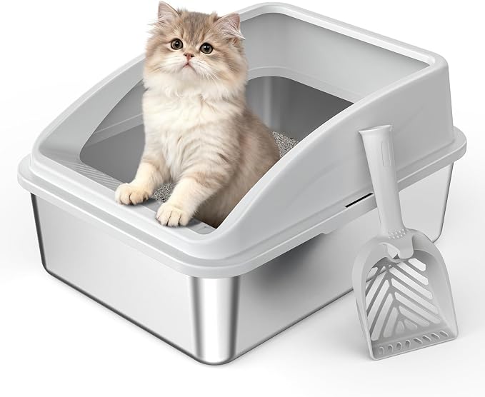 AIPERRO Stainless Steel Litter Box | Metal Kitty Litter Box with Lid | High Sided, Low Entry for Small Cats or Injured Cats | Bunny Litter Boxes | Odor-Free & Non-Stick | Includes Litter Cat Scoop by AIPERRO