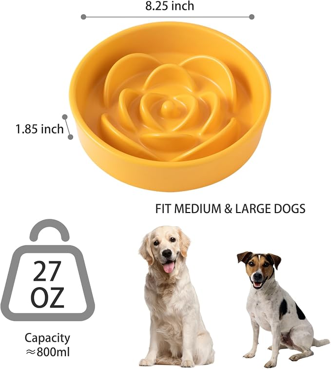 8.25'' Ceramic Slow Feeder Dog Bowls - Petal Shape Modern Dog Food Dish for Medium and Large Breeds, Puzzle Maze Bowl to Slow Down Eating, Anti-Gulping, Dishwasher & Microwave Safe, Yellow - Image 3