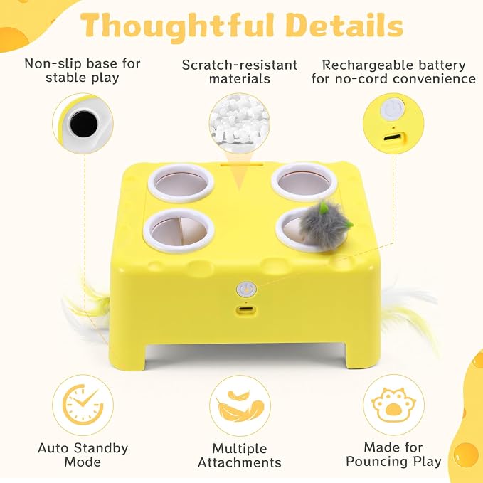 Interactive Cat Feather Toy Cheese Box 3in1 Whack a Mole | 3 Play Modes, Paw-Safe 4 Hole Whack-a-Mole, Anti-Slip Base, 4 Interchangeable Accessories, USB Rechargeable Auto Cat Toy - Image 2