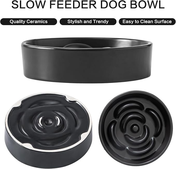 6'' Ceramic Slow Feeder Dog Bowls - Petal Shape Modern Dog Food Dish for Cats and Small Breed Dogs, Puzzle Maze Bowl to Slow Down Eating, Anti-Gulping, Dishwasher & Microwave Safe, Black - Image 2