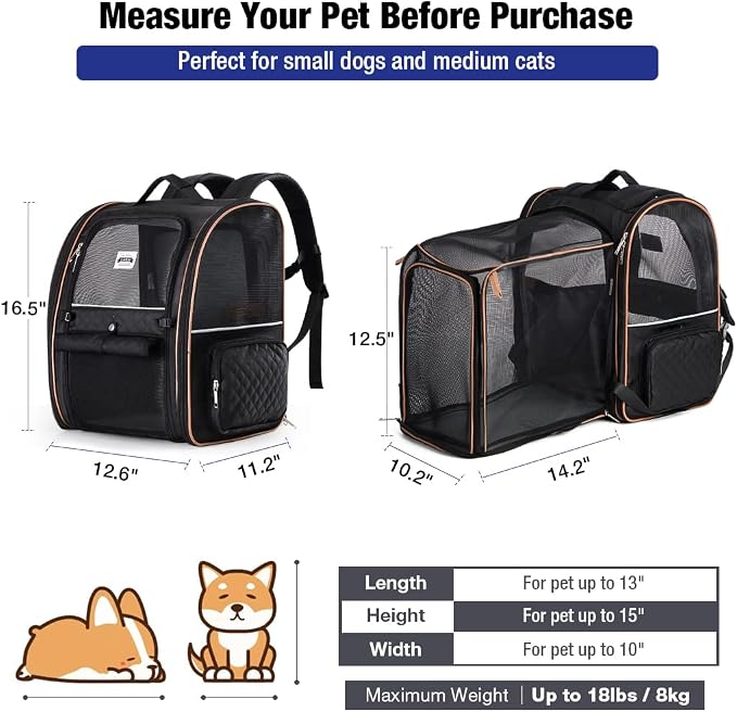 Large Cat Backpack Carrier Expandable Pet Carrier Backpack for Small Dogs Medium Cats Fit Up to 18 Lbs, Dog Backpack Carrier, Foldable Puppy Backpack Carrier for Travel, Black - Image 2