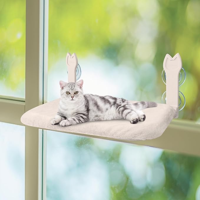 2 Pack Cat Window Perch,Cat Window Hammock Cordless Foldable Window Bed with 4 Large Strong Suction Cup,Reversible Cushion Cover,Metal Frame Easy to Adjust Window Seat Holds up to 40lbs(Beige - Image 7