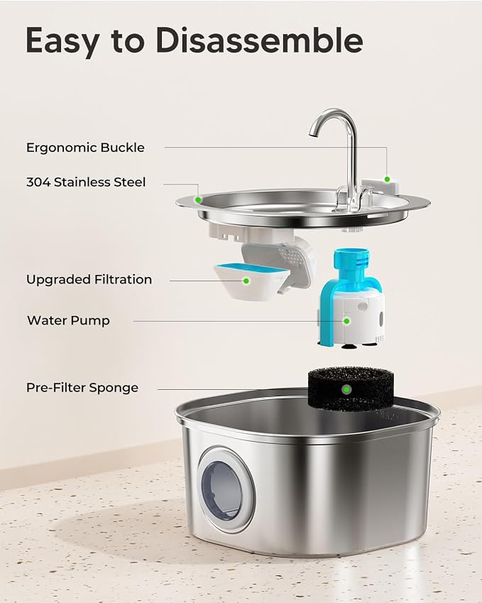 PEKTACO Stainless Steel Cat Water Fountain, 3.2L/108oz with 6 Filters | Cat water dispenser, dishwasher safe, with triple filtration, quiet pump, and visible water window for cats and small pets - Image 7