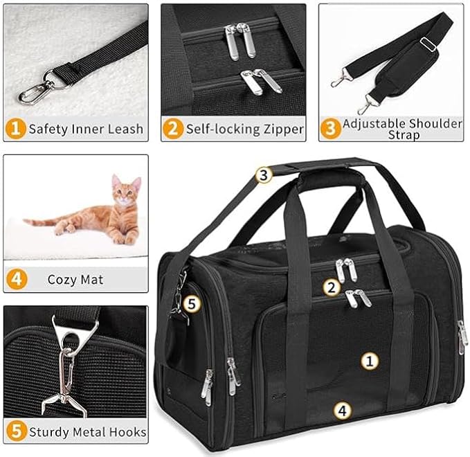 Soft-Sided Pet Carrier for Cats and Dogs, Collapsible Travel Bag with Shoulder Strap, Removable Mat, Mesh Windows, 17x11x11 Inch,Black - Image 4
