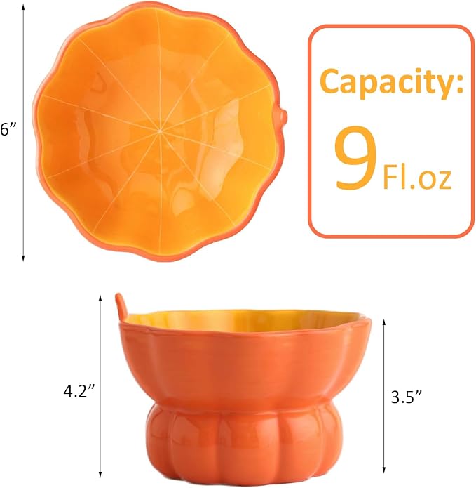 Cute Pumpkin Shaped Raised Ceramic Cat Water Bowl, 9 oz | Whisker Friendly, Anti Vomiting, Elevated Design, Indoor Cats - Image 2