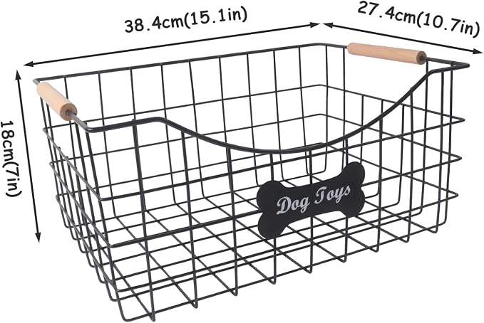 Metal Dog Toy Basket,Indestructible Dog Toy Bin with Wooden Handle,Sturdy Pet Storage Organizer,Ideal for Dog Leash,Blanket,Snacks-15.1 (L) x 10.7 (W) x 7 (H) inches - Image 3
