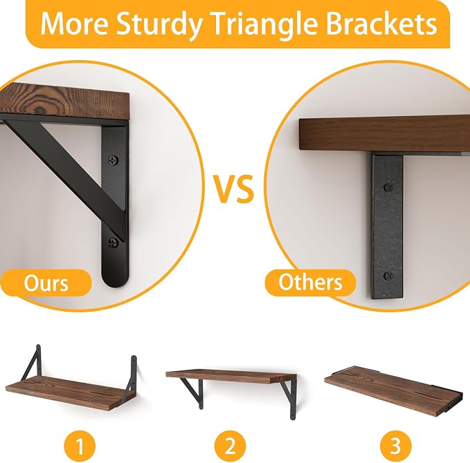 YGEOMER 16.5in Floating Shelves for Wall, Dark Carbonized Pine Set of 6 | Rustic wood shelves with metal brackets. Space-saving for books & decor. Works in bathroom, kitchen, living room & bedroom. - Image 4