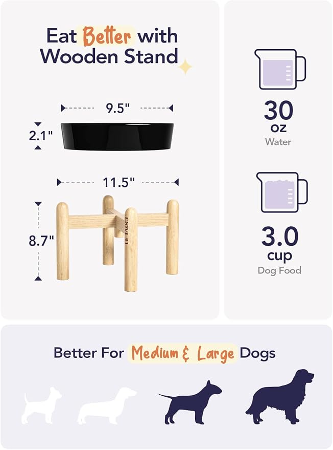 LE TAUCI Ceramic Slow Feeder Dog Bowls Elevated, 3 Cup Raised Bowl with Wooden Stand for Medium Large Breed, Slow Down Eating, Puzzle Dog Food Bowl,Skull Black - Image 2