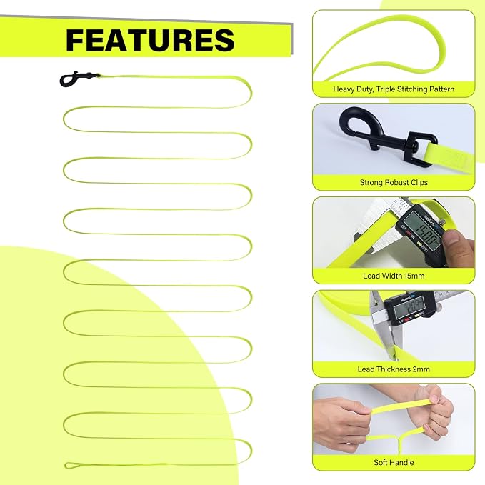 Waterproof Long Line Dog Leash, Padded Handle, 10 ft, Yellow | Soft PVC-coated webbing with 360° swivel carabiner for swimming, tracking and rainy walks - Image 6