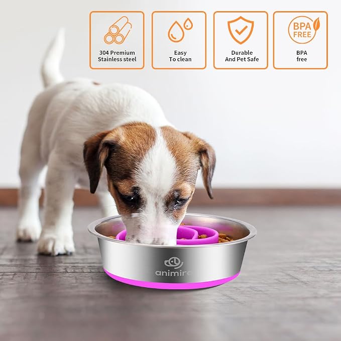 2-in-1 Metal Dog Bowl with Slow Feeder Insert, Stainless Steel Dog Bowls Food Grade 304, Water Food Bowl with Anti-Slip Silicone Base for Small, Medium, Large Dogs - Image 4