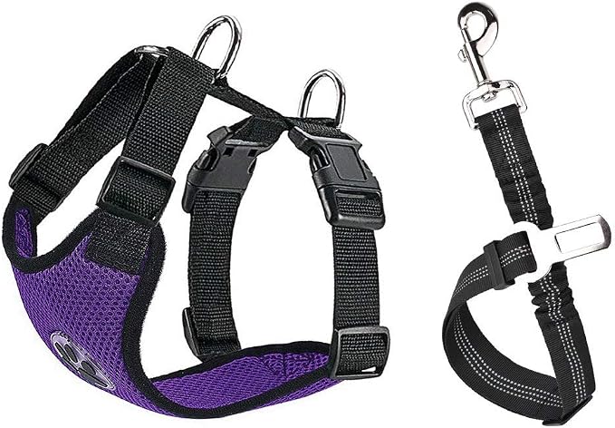 Lukovee Dog Car Harness Seat Belt, Harness & Seatbelt with 2 in 1 Buckle | Adjustable Soft Breathable Mesh Harness, Reflective Elastic Reflective Tether, for Small Medium Large Dogs Pets (Purple,XXS) by Lukovee