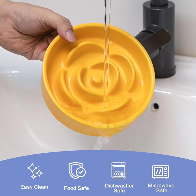 6'' Ceramic Slow Feeder Dog Bowls - Petal Shape Modern Dog Food Dish for Cats and Small Breed Dogs, Puzzle Maze Bowl to Slow Down Eating, Anti-Gulping, Dishwasher & Microwave Safe, Yellow - Image 6