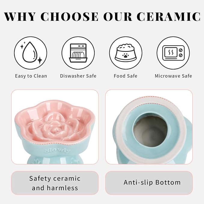 S&Q's CERAMICS Raised Slow Feeder Cat Bowl, Ceramic Elevated and Titled Glass Food Bowl Small Dogs Slow Feeder, Flower Shaped Cute Cat Dish for Dry and Wet Food (Pink, 5.8") - Image 4