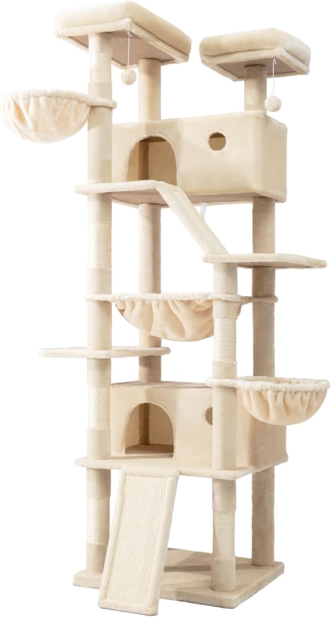 SHA CERLIN 81in Multi-Level Tall Cat Tree Tower for Indoor Kitties/Larger Cat Condo Furniture with Hammock/Cozy Pussycat Perches/Sisal Scratching Posts/Pet House/Wide Base/Beige - Image 9
