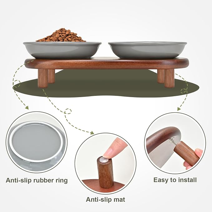 SPUNKYJUNKY Shallow Elevated Cat Bowl with Acacia Wood Stand Wide Raised Ceramic Cat Dishes Whisker Friendly Pet Food and Water Plates (Striped Pattern, Gray) - Image 5