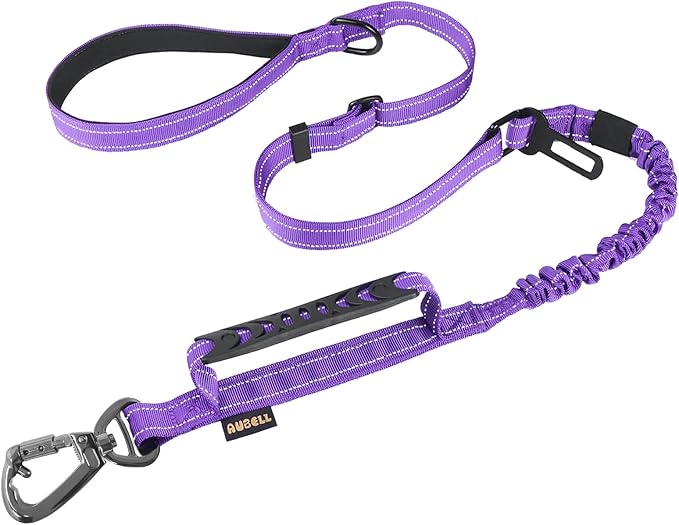 AUBELL Tactical Dog Leash Heavy Duty,4-6ft No Pull Bungee Leash,Purple | Reflective Dog Leash for Medium Large Dogs with Comfortable Padded Double Handle,Car Seat Belt,360 Degree Rotating Carabiner by AUBELL