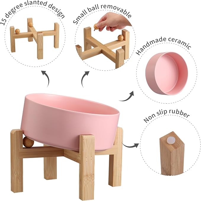 Pink Elevated/Raised 15°Tilted Anti Slip Ceramic Dog Bowl for Medium & Large Breeds,Slanted Bulldog Big Face Pet Feeding Food Water Dish Stand for Dogs (7.6 Cups/60OZ) - Image 4