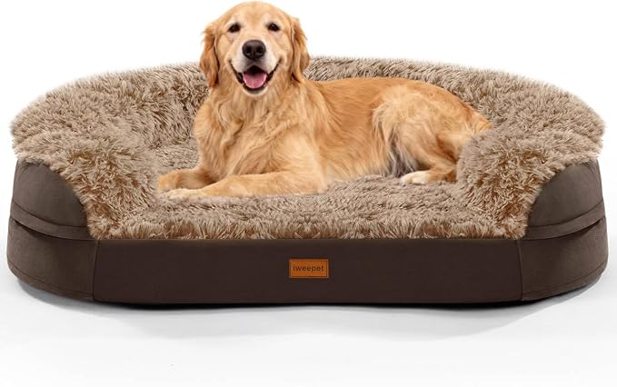 iweepet Fluffy Orthopedic Dog Beds for Large & Extra Large Dogs, 44" Dog Sofa Bed with Supportive 28D Egg-Crate Foam, Removable Washable Cover, Waterproof Lining, for Puppy,Senior,Sick,Brown by iweepet