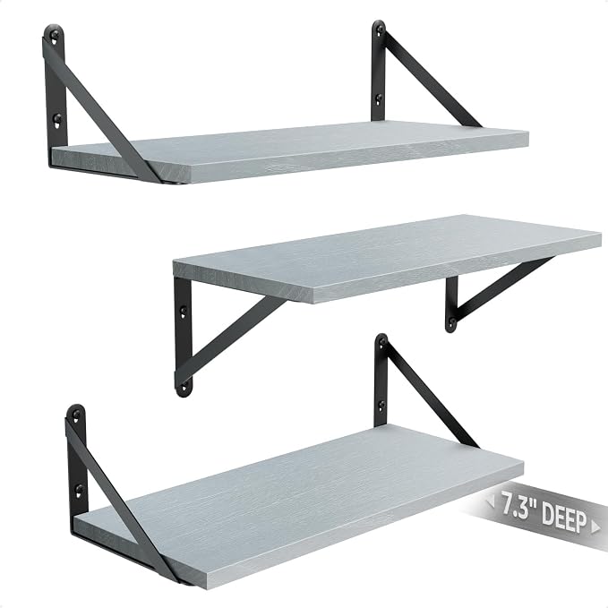 Wall Shelves 7.3" Deep Solid Paulownia Wood (Grey, Set of 3) | 15mm Thick, Wider & Longer & Stronger, Easy to Install, Floating Shelf for Room Wall, Bedroom, Office, Decor & Storage by COCOYA