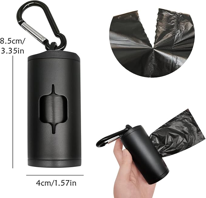 YUCHIYA Aluminum Dog Poop Bags Holder with Carabiner Metal Pet Waste Bags Dispenser with Hook and Loop Fastener and Elastic Cord to Carry Used Bags (Black, 1 Holder 15 Bags) - Image 4