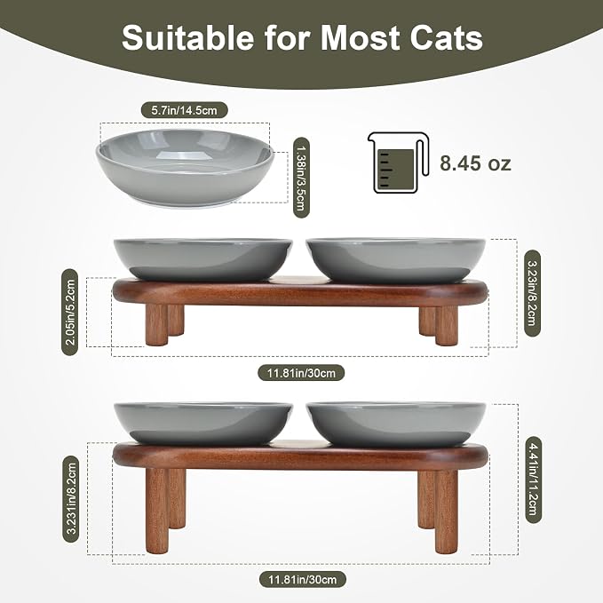 SPUNKYJUNKY Extra Wide Elevated Ceramic Cat Bowl with Acacia Wood Stand Whisker Friendly (Cat Paw Pattern, Gray) - Image 2