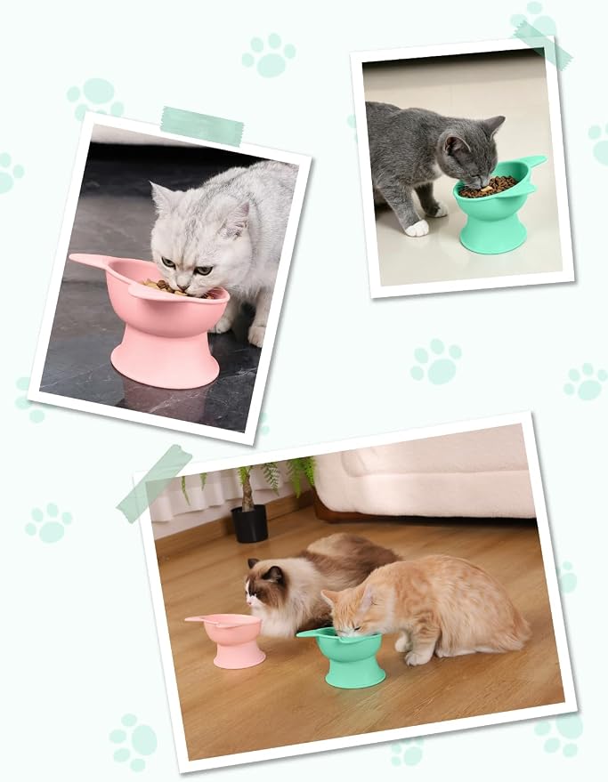 YINEYA Elevated Cat Bowls 2 Pcs, Cat Food Bowl to Protect Neck & Anti-Vomit, Whisker-Friendly Raised Food and Water Bowls Set for Indoor Cats/Small Dogs, Cute Pet Feeding Bowl 6 OZ Each, Pink & Green - Image 8
