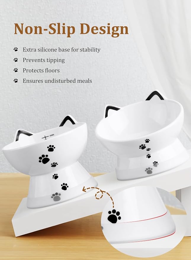 Porcelain Raised Cat Bowl, No Spill Cat Water Bowl with Anti Slip Band, Elevated Porcelain Pet Bowl Protect Pet's Spine, Large Capacity Pet Water Bowl, 15 oz, Dishwasher Safe | Anti Vomiting, Whisker Friendly, Shallow Food Dish and Deep Water Bowl, Ant... - Image 4